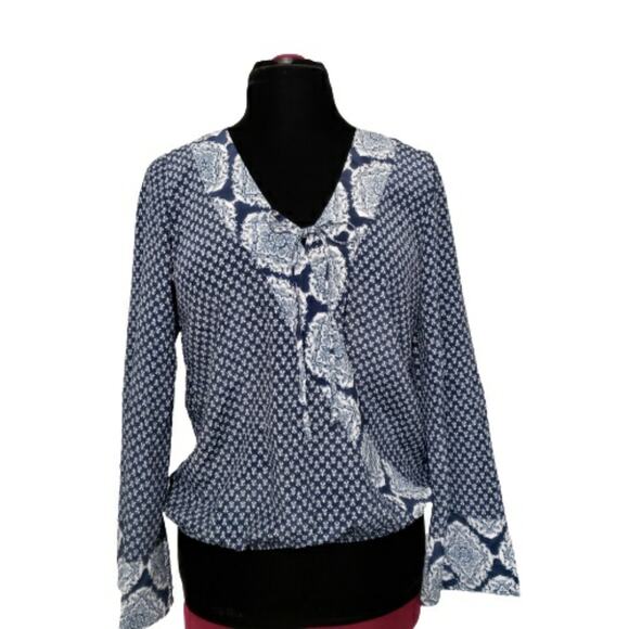 Knox Rose Tops - Knox Rose Blue Geometric Faux Wrap Wide Bell Sleeve Tie Front Top Medium